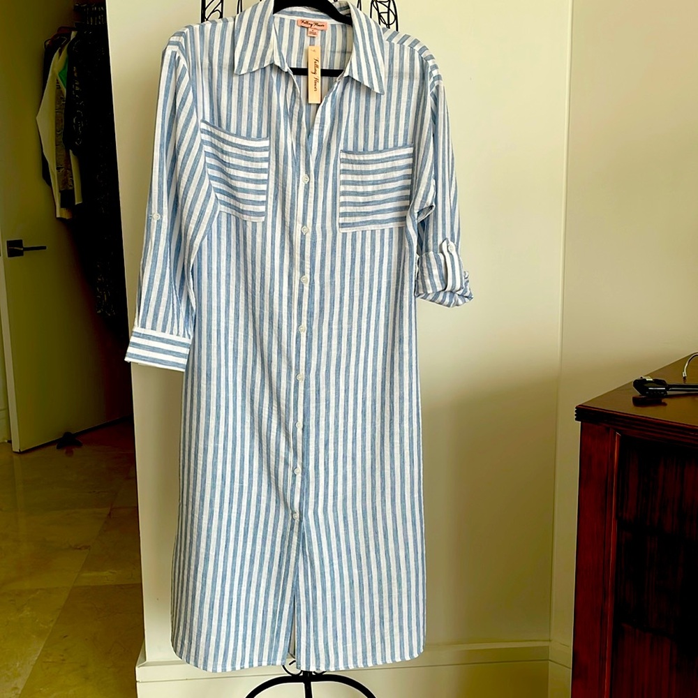 FALLING FLOWER DENIM/WHITE STRIPE MIDI